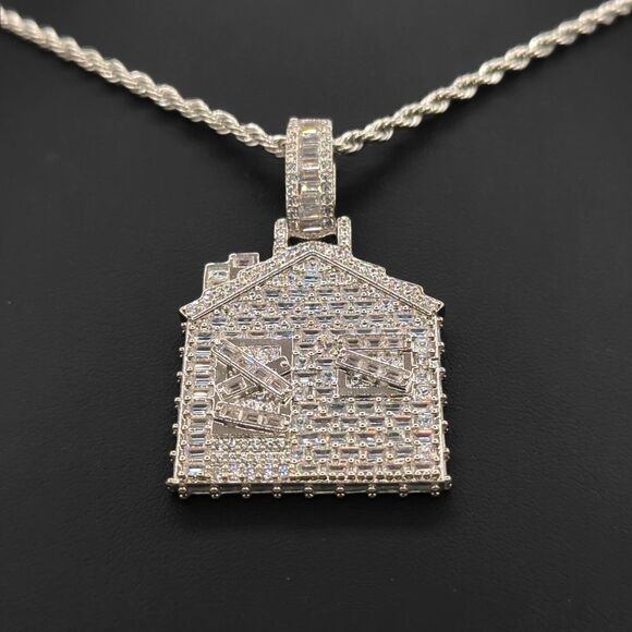 14K White Gold Finish Baguette CZ Trap House - Free 24" x 3mm Rope Chain. - Picture 3 of 9